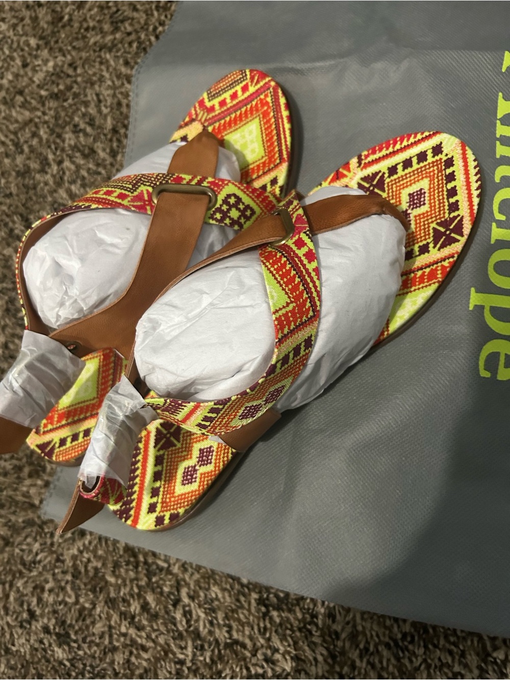 Antelope Multicolor Tribal Print Sandals with Brown Straps